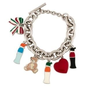 AUTH VTG Moschino Silver Metal Chain Link Toggle Glossy Enamel Charm Bracelet